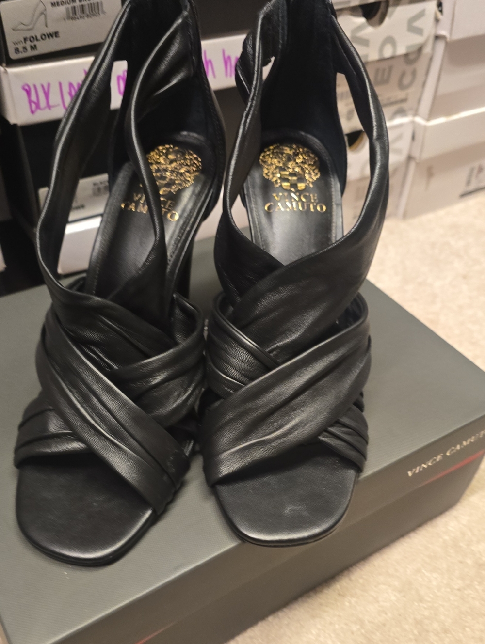 Vince Camuto Black Leather Twist Strap Heels [8.5M]